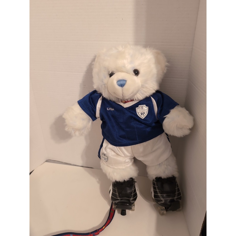 Vintage 1997 Build-a-Bear Plush w/Blue & White Fifa Soccer Outfit, Skates RARE